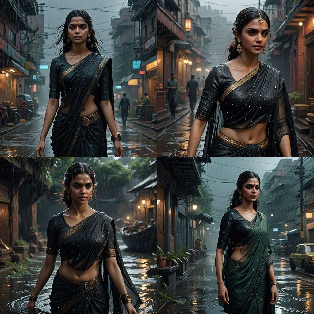 Deepika Padukone in Wet Black Saree in Monsoon
