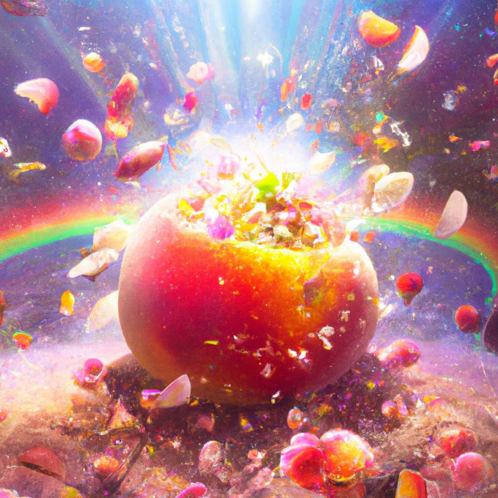 Peach Explosion in Rainbow Shower: Fantasy Digital Art