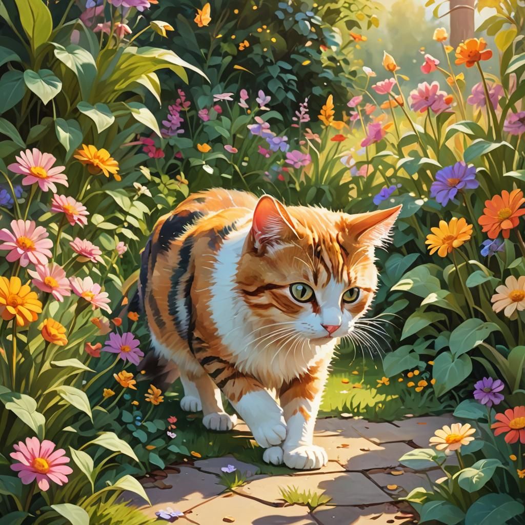 Cat and Mouse in Lush Garden, Whimsical Digital Art