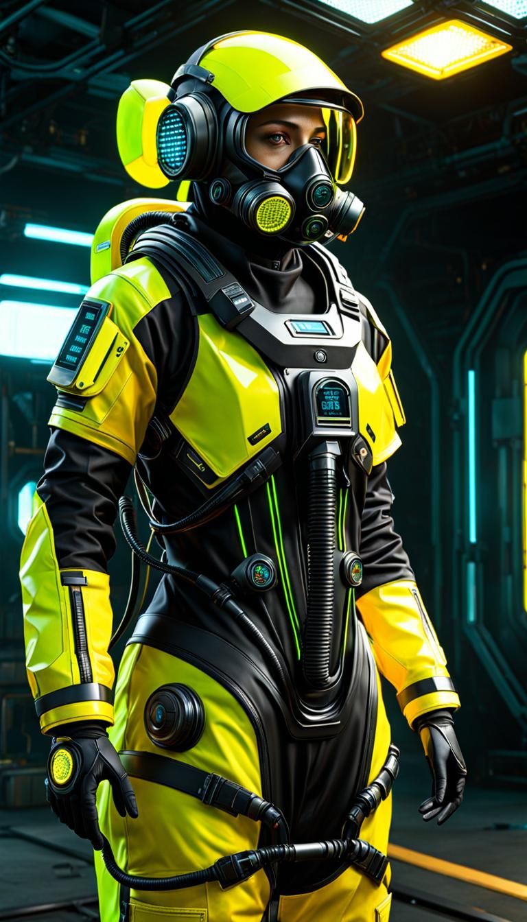 Futuristic Hazmat Suit in Dilapidated Solarpunk Lab
