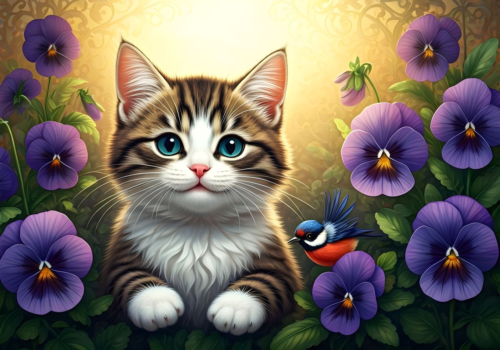 Cute Kitten Watching Bird in Fairytale Pansy Garden