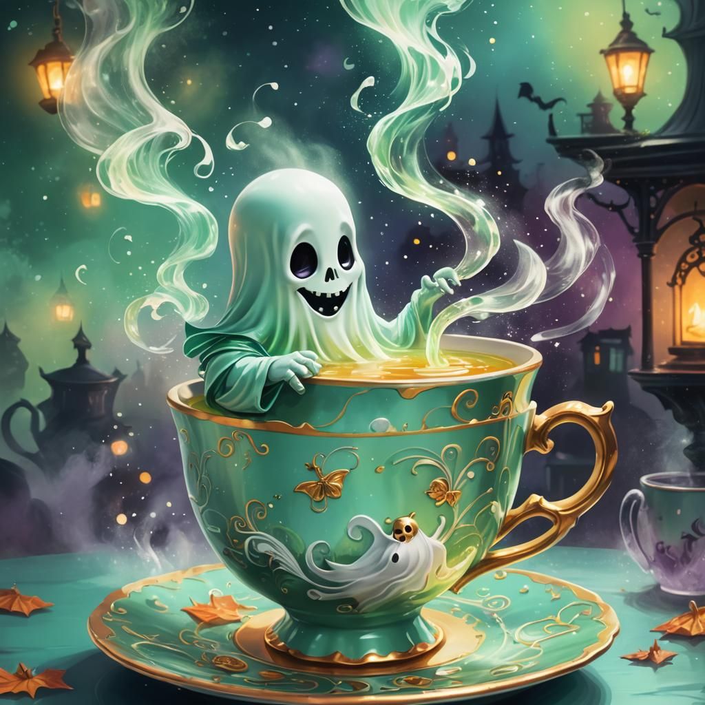Cute Ghost Pouring Tea in Fauvist Colors