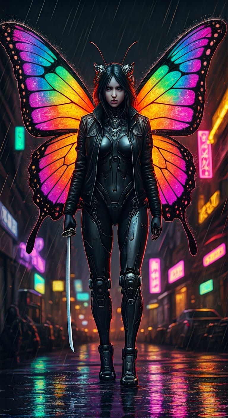 Butterfly Android in Cyberpunk City Ruins
