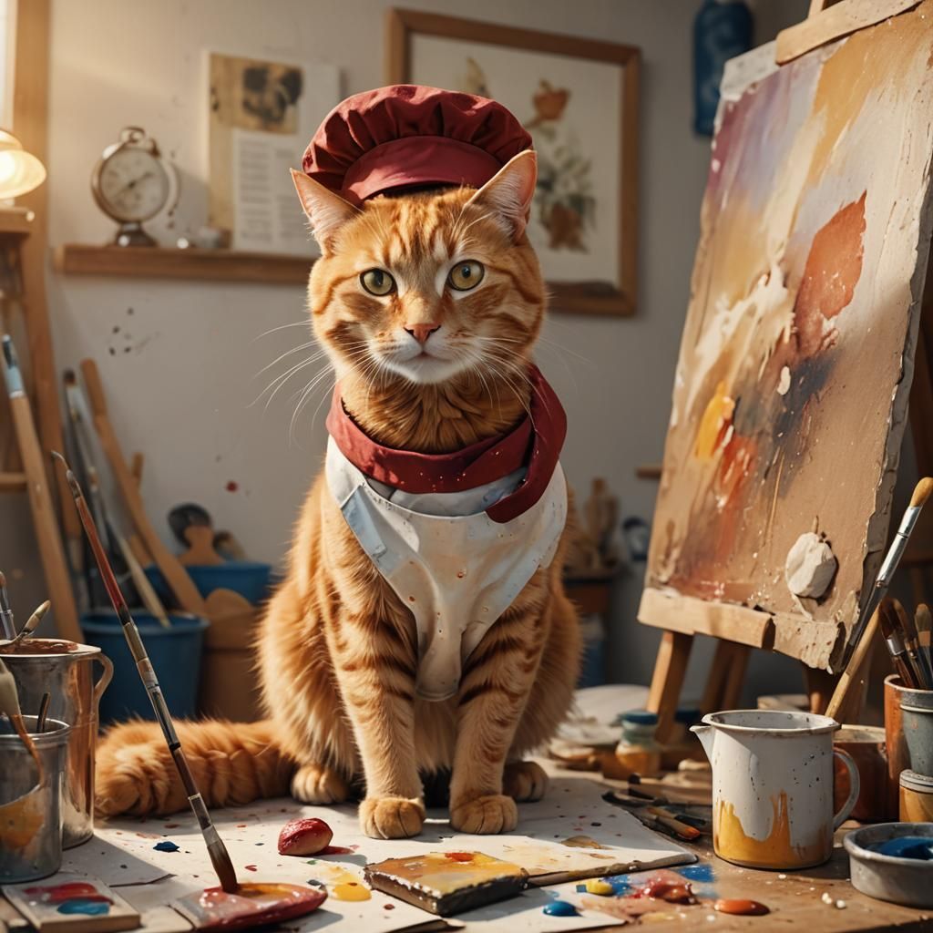 Ginger Cat Artist in Cluttered Studio: Hyperrealistic Painti...