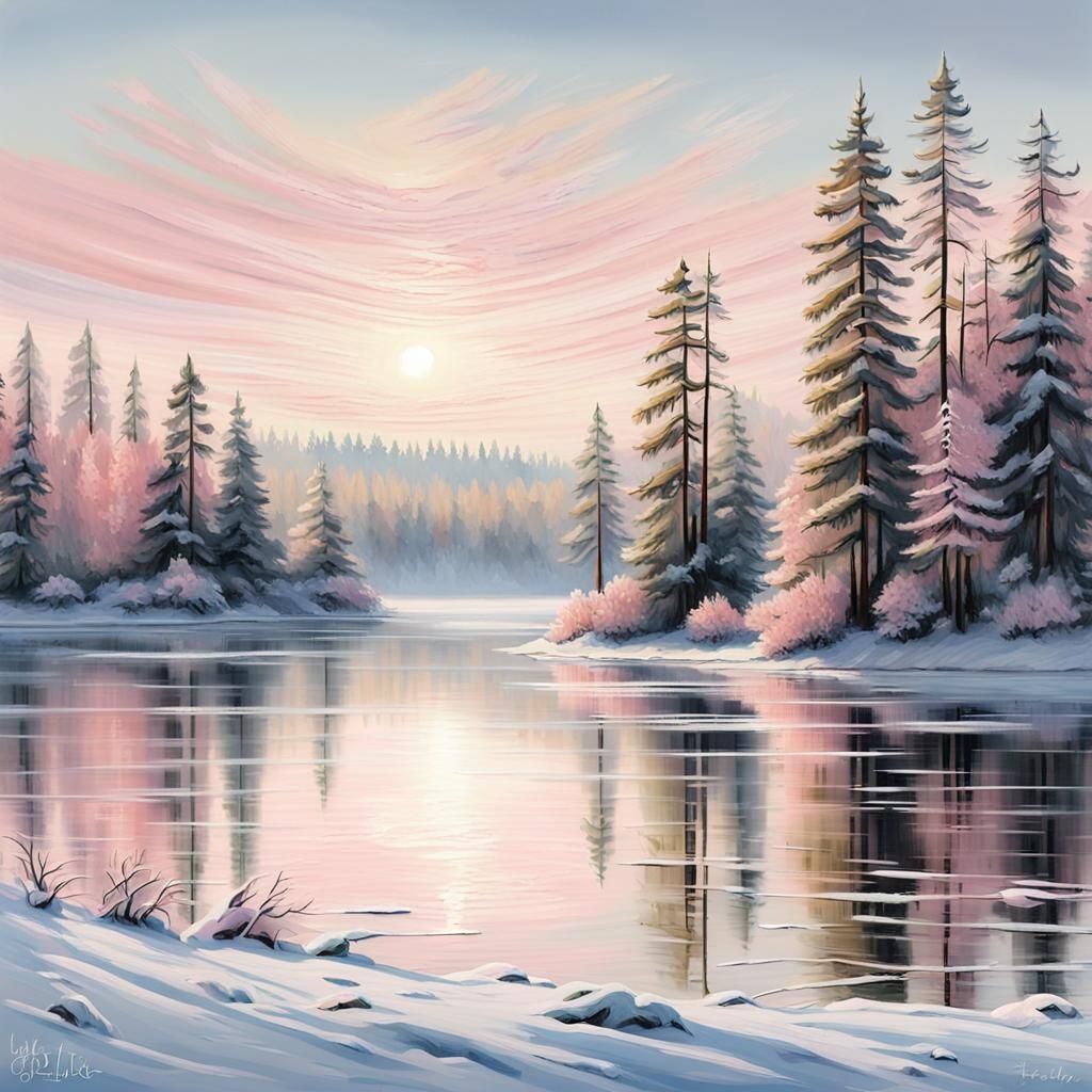 Winter Landscape with Frozen Lake in Impressionist Style