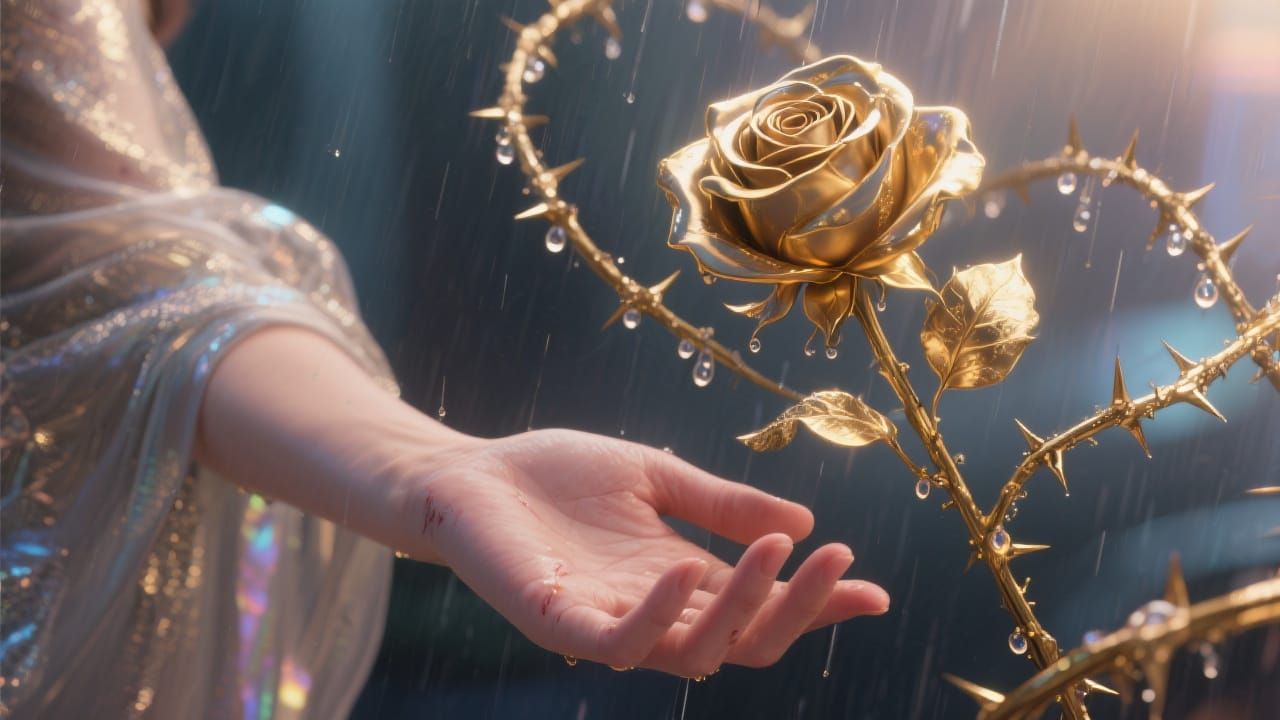 Golden Rose Vines Bloom in Woman's Hands, Cinematic CGI
