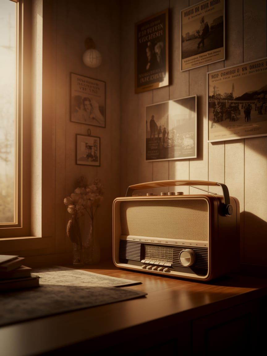 Cozy Nostalgic Room with Vintage Radio and Sepia-Toned Photo...