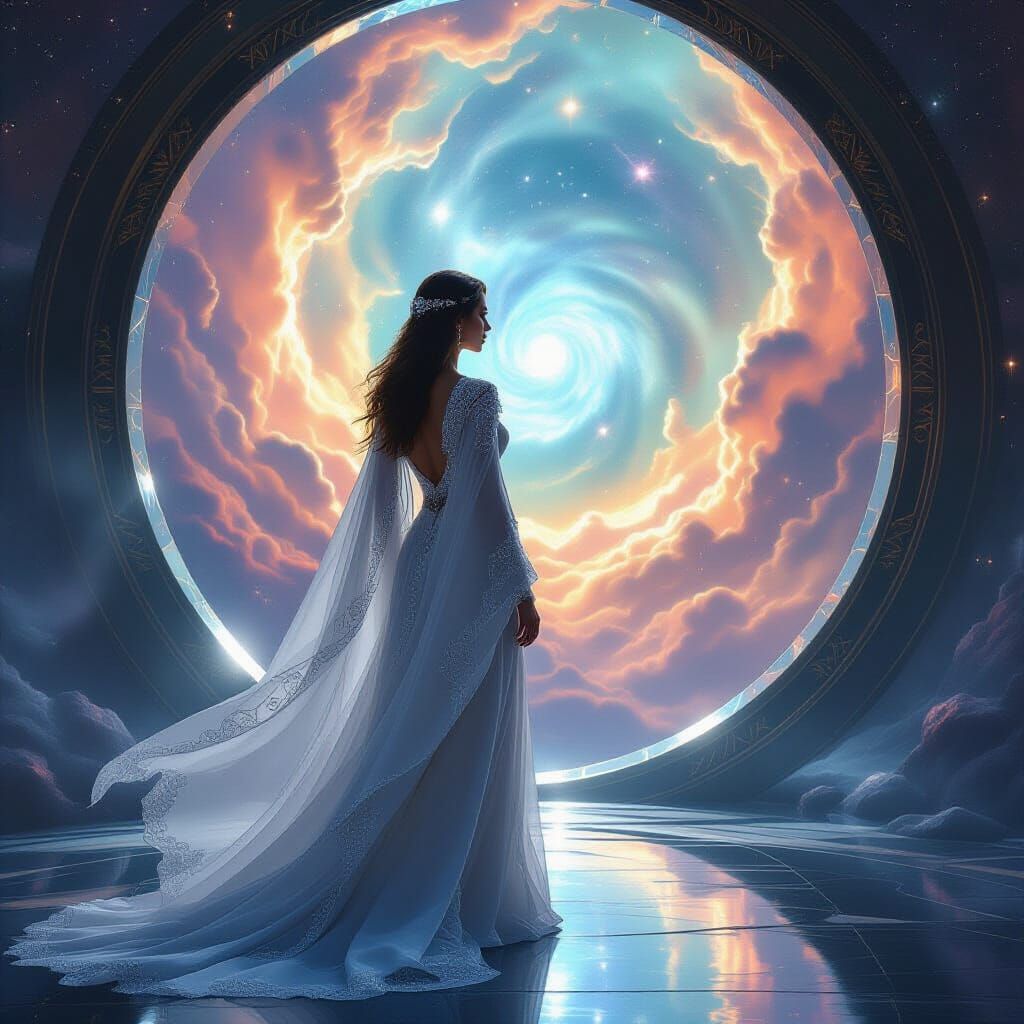 Elegant Woman Before Celestial Portal in Hyperrealistic Styl...