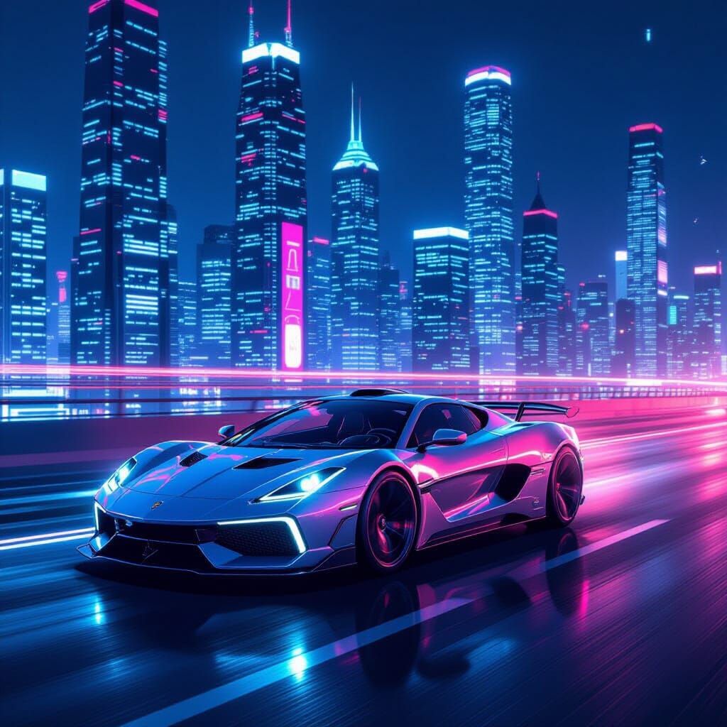 Futuristic Car on City Highway in Cyberpunk Style