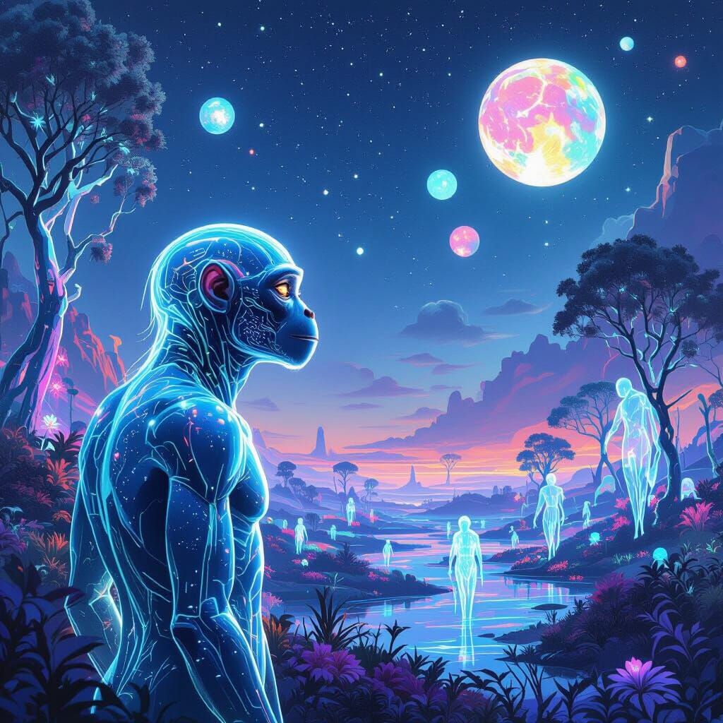 Bioluminescent Alien Primate in Ethereal Landscape