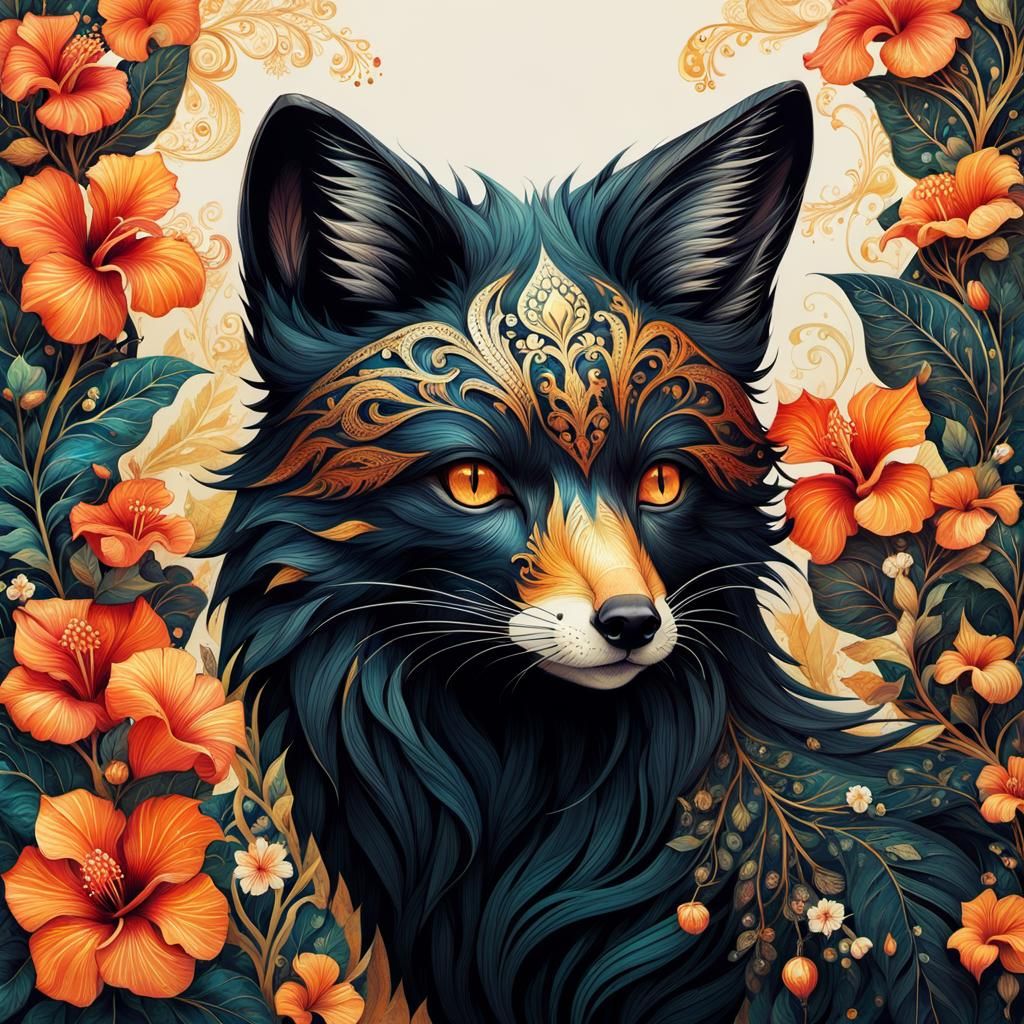 Melanistic Fox with Hibiscus in Batik Illustration