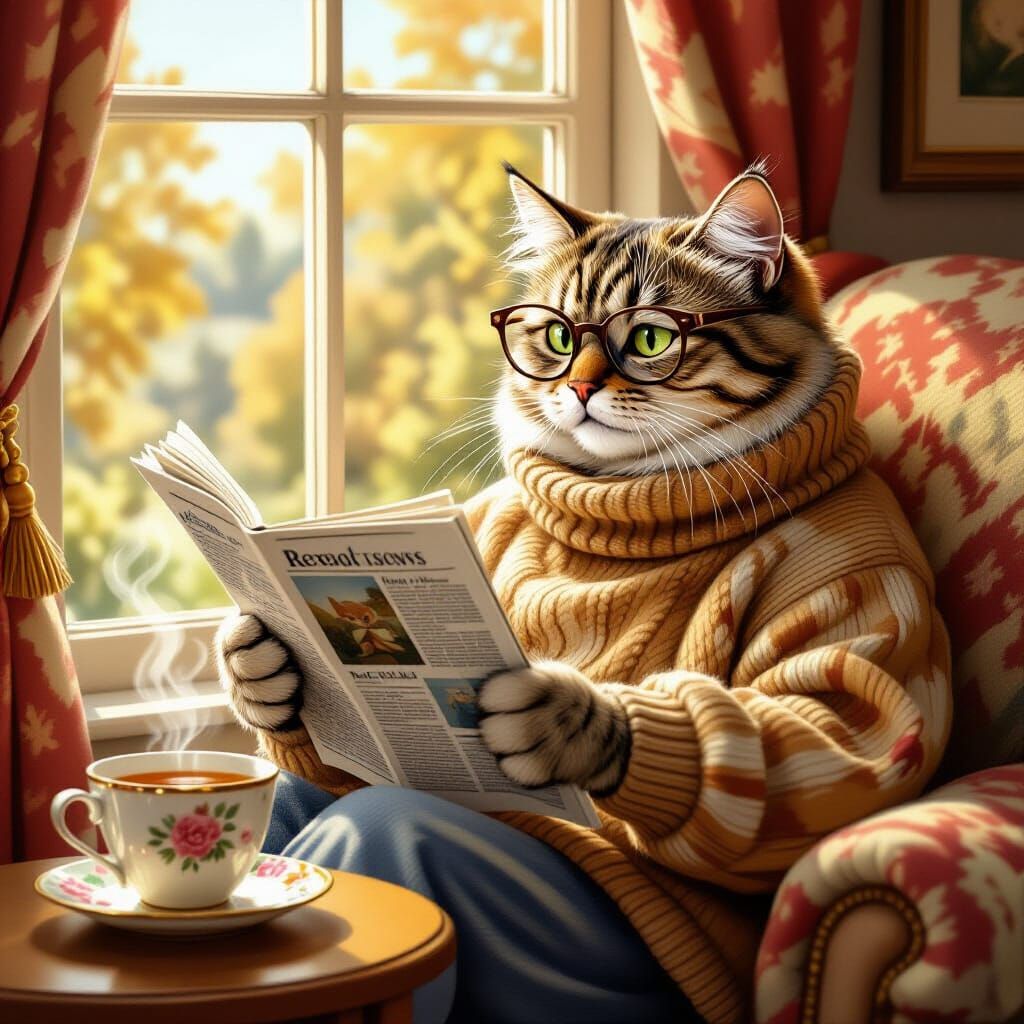 Senior Cat Reading Newspaper in Beatrix Potter Style