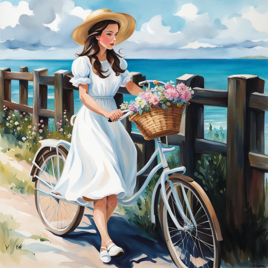 Pretty young Brunette in light knee length white dress walki...