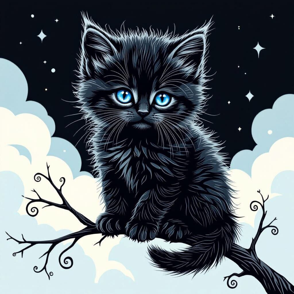 Fingerprint Kitten on Branch in Digital Art Style