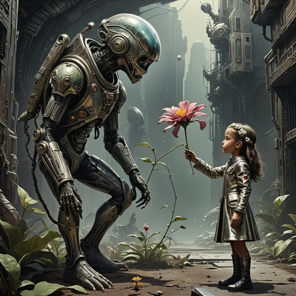 Alien Girl Offers Flower to Cosmonaut: Surreal Concept Art
