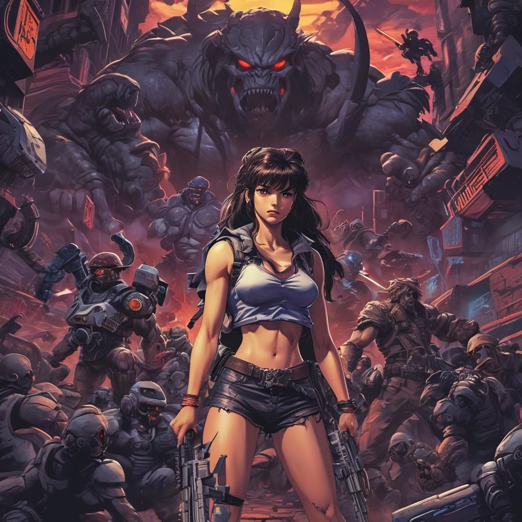 Cyberpunk Heroic Masterpiece in Vibrant Cel-Shaded Color