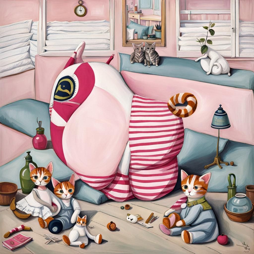Pink Striped Stuffed Cat in Naive Art Style