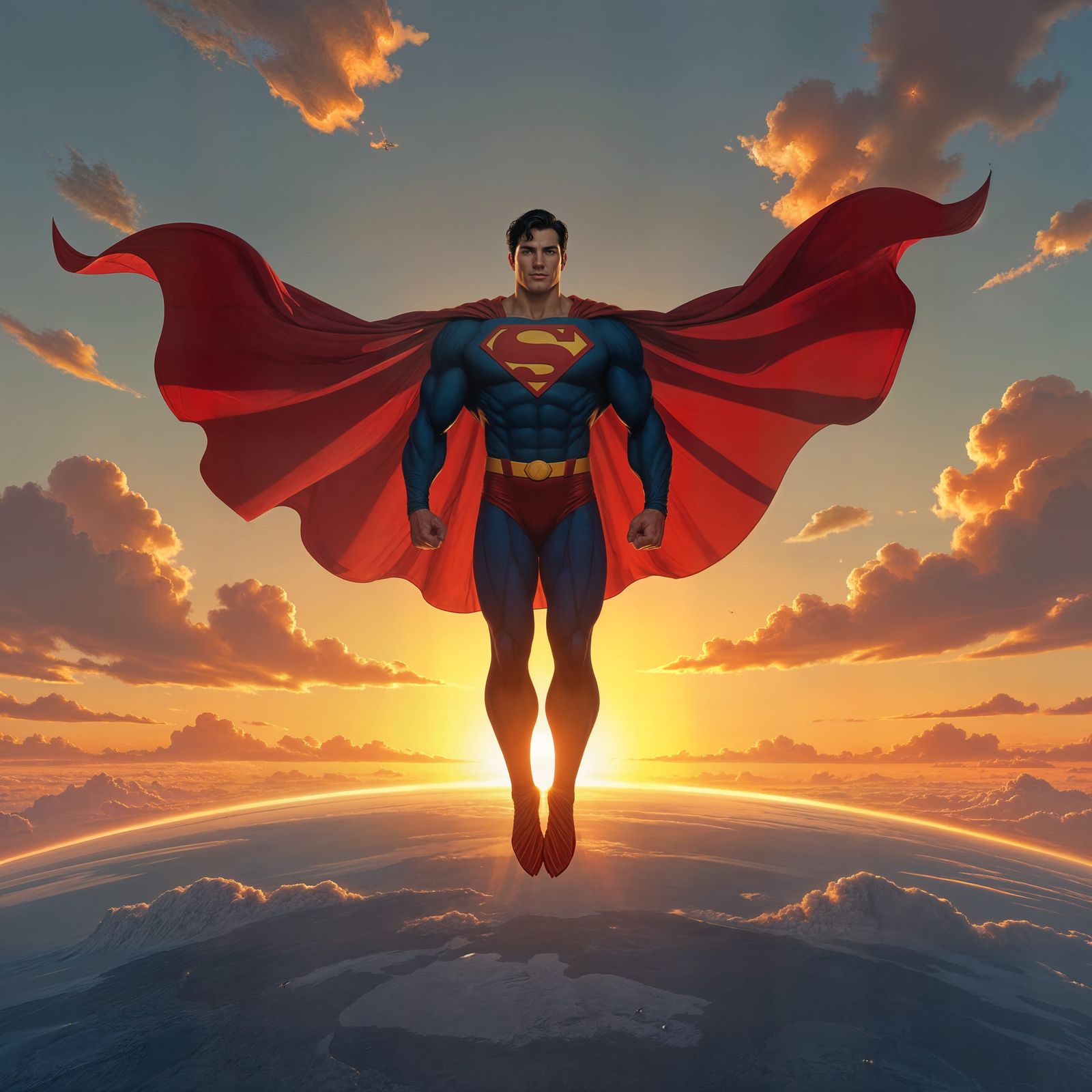 Superman Silhouetted Against Earth at Sunrise