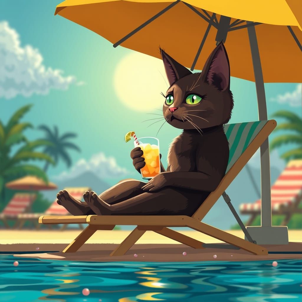 cat on a beach chair poolside, sitting under an umbrella holding a pina colada
