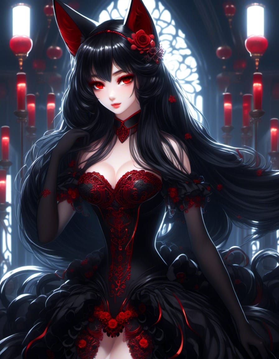 Beautiful Fox Girl, Long Black Hair, Red Eyes, Black Fox Ear...