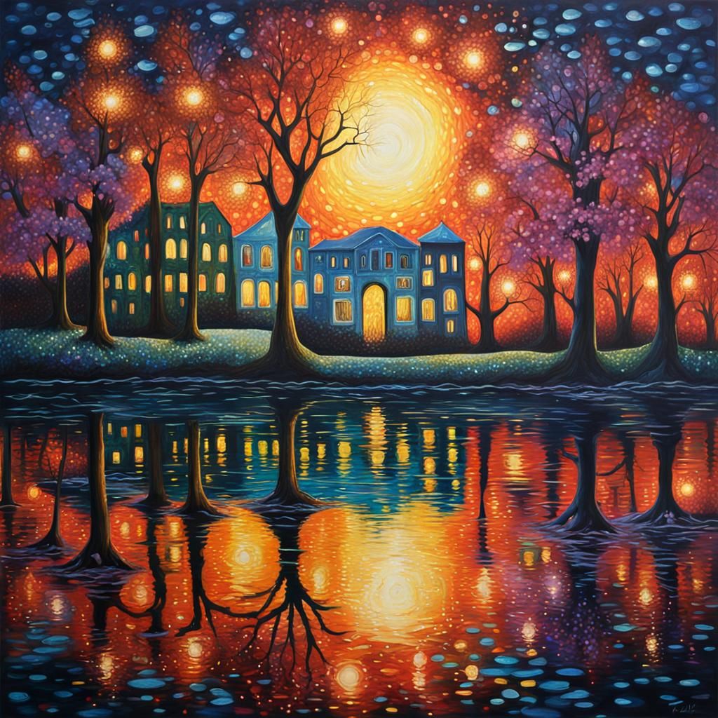 Surreal Water Reflections at Night, Vibrant