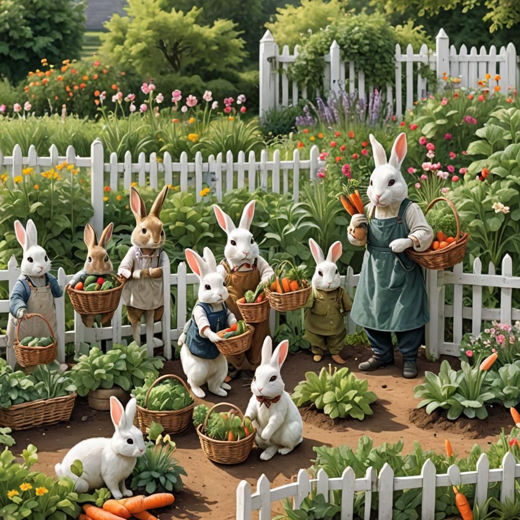 Rabbits Harvest Garden Behind White Picket Fence