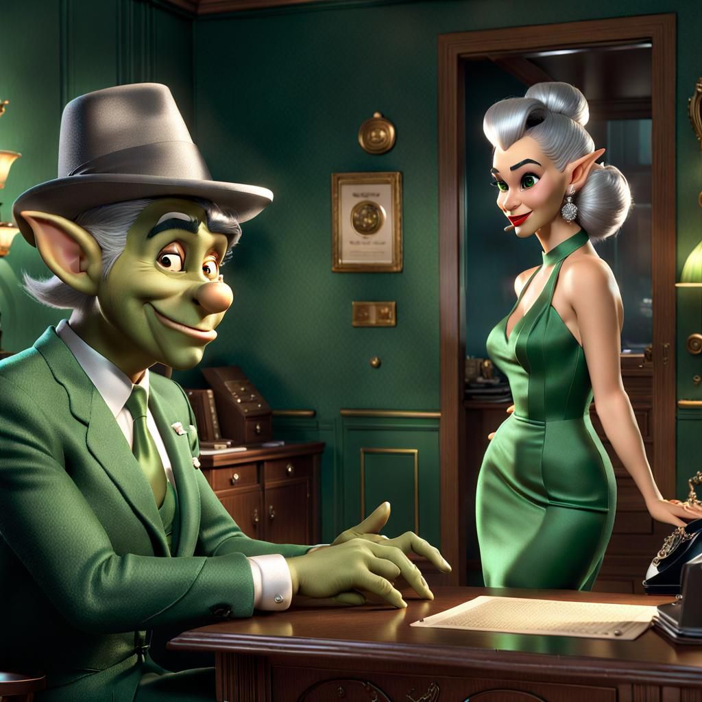 Troll Detective and Elf in Noir Scene as 3D Art