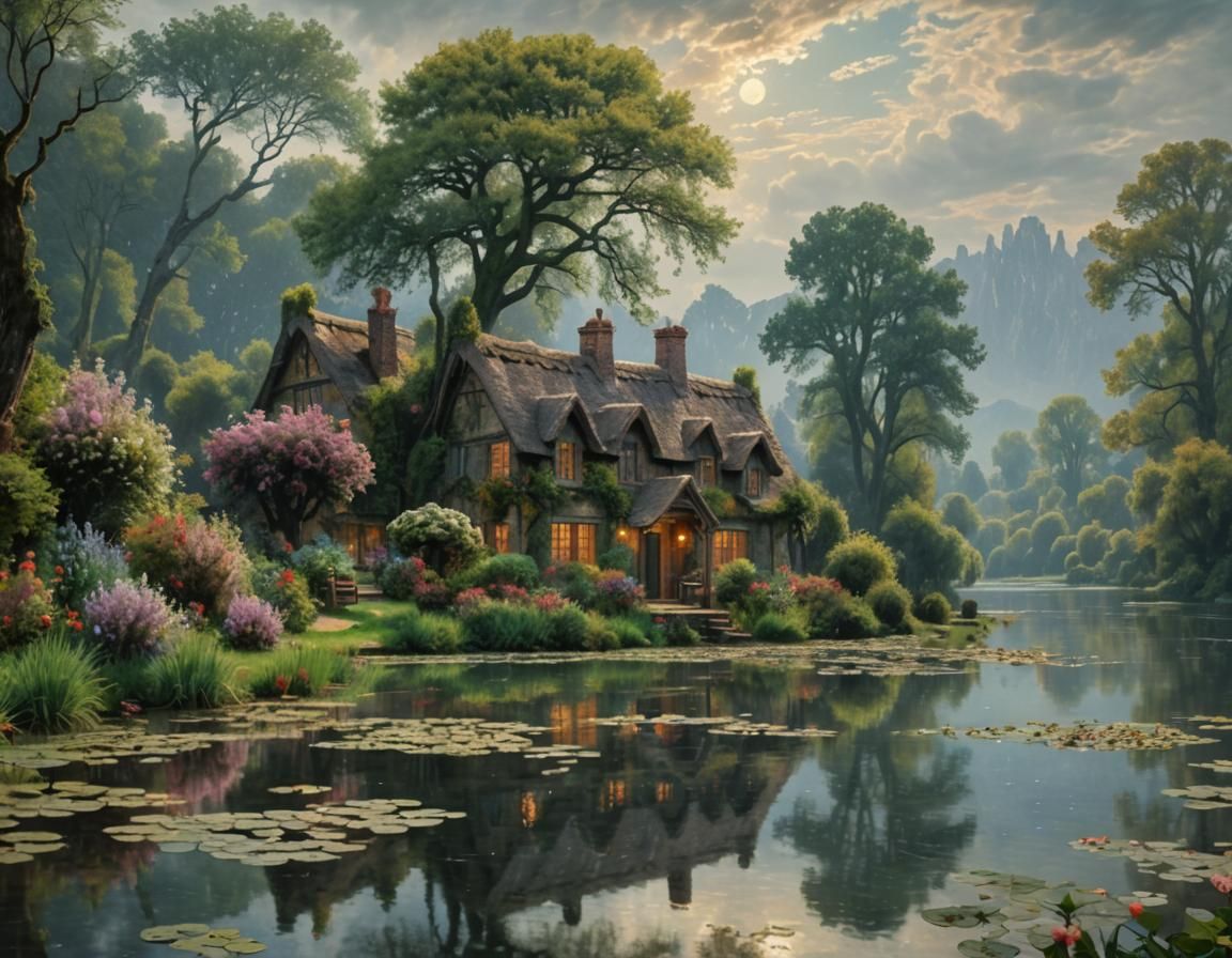 Magical Cottage on Lake: Impressionist Matte Painting