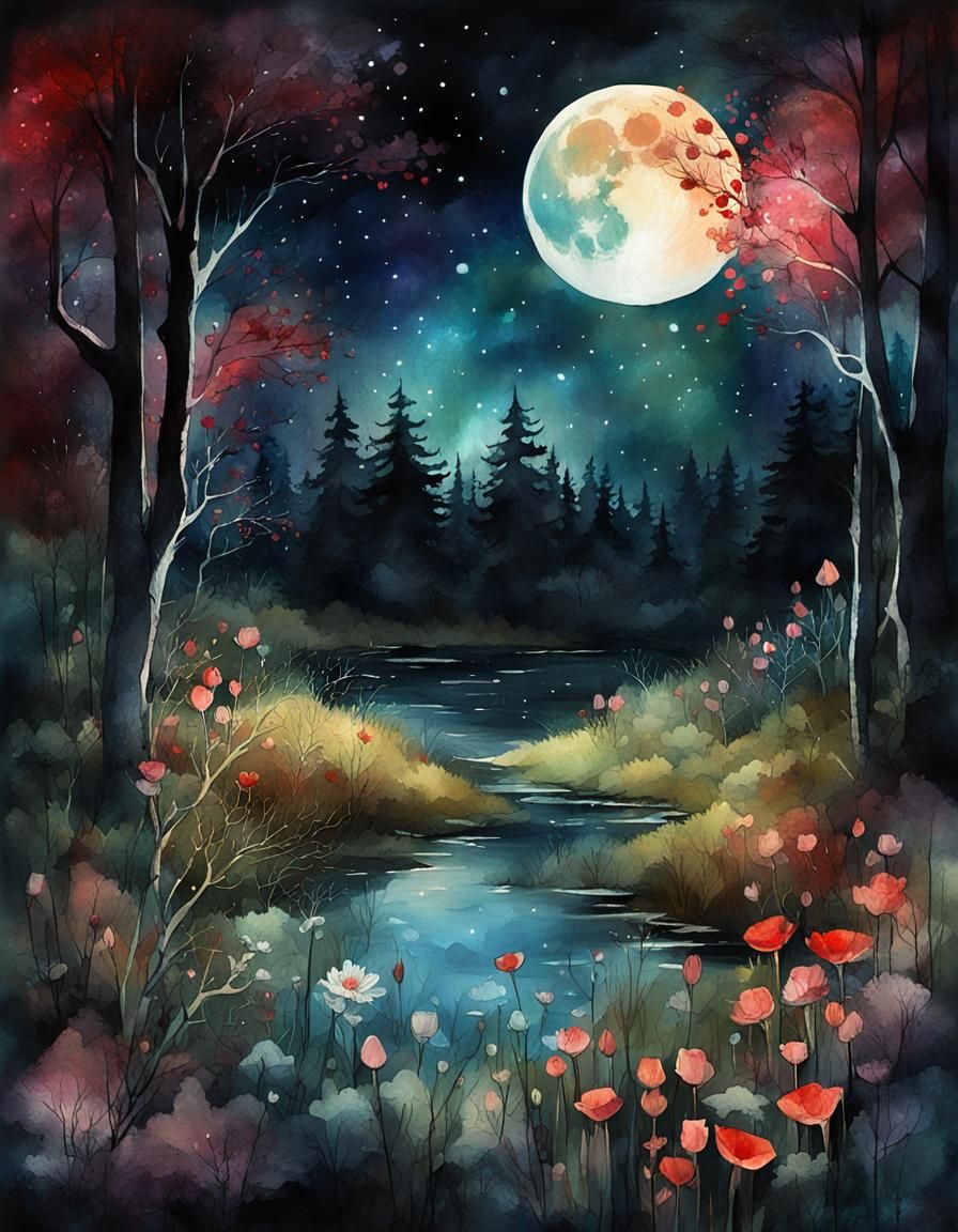 Moonlit Meadow in Forest Glade: Digital Watercolor