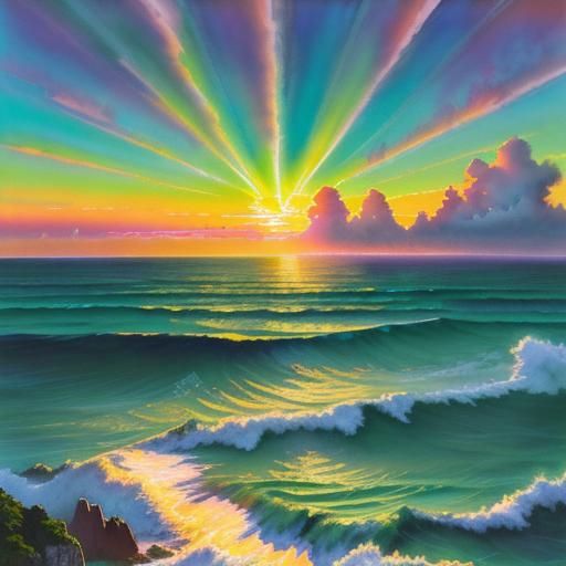 Vibrant Sunset Over Ocean: Fluid Gouache Masterpiece