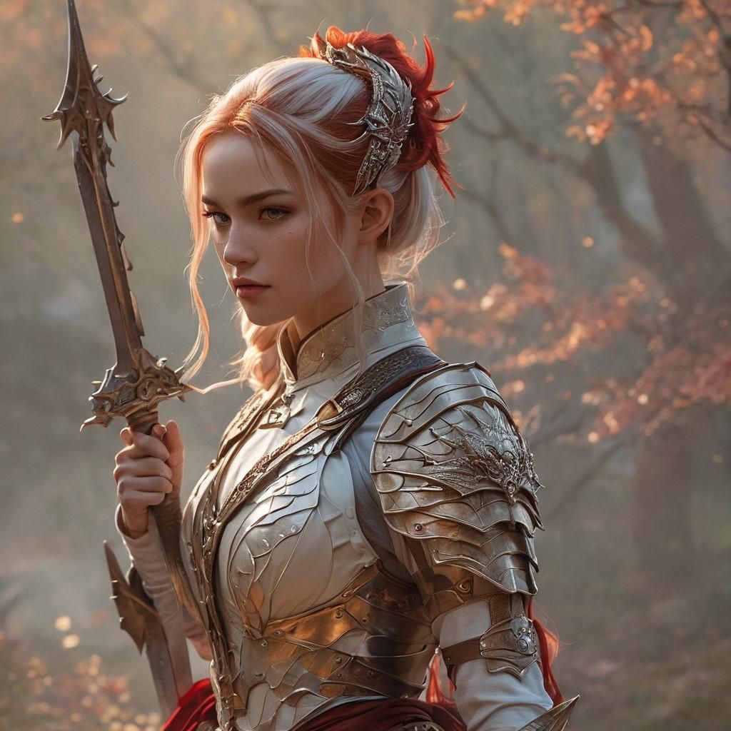 Ethereal Dragon Woman with Fiery Sword in Fantasy Landscape