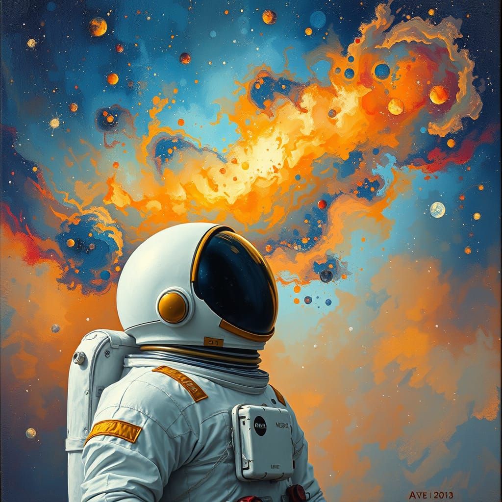 Golden Astronaut Amidst a Vibrant Impressionist Nebula