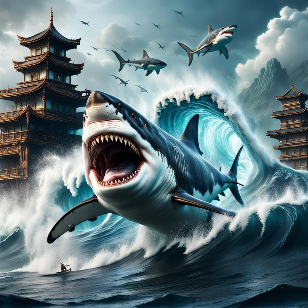 Great White Sharks in Tsunami: Detailed Digital Painting