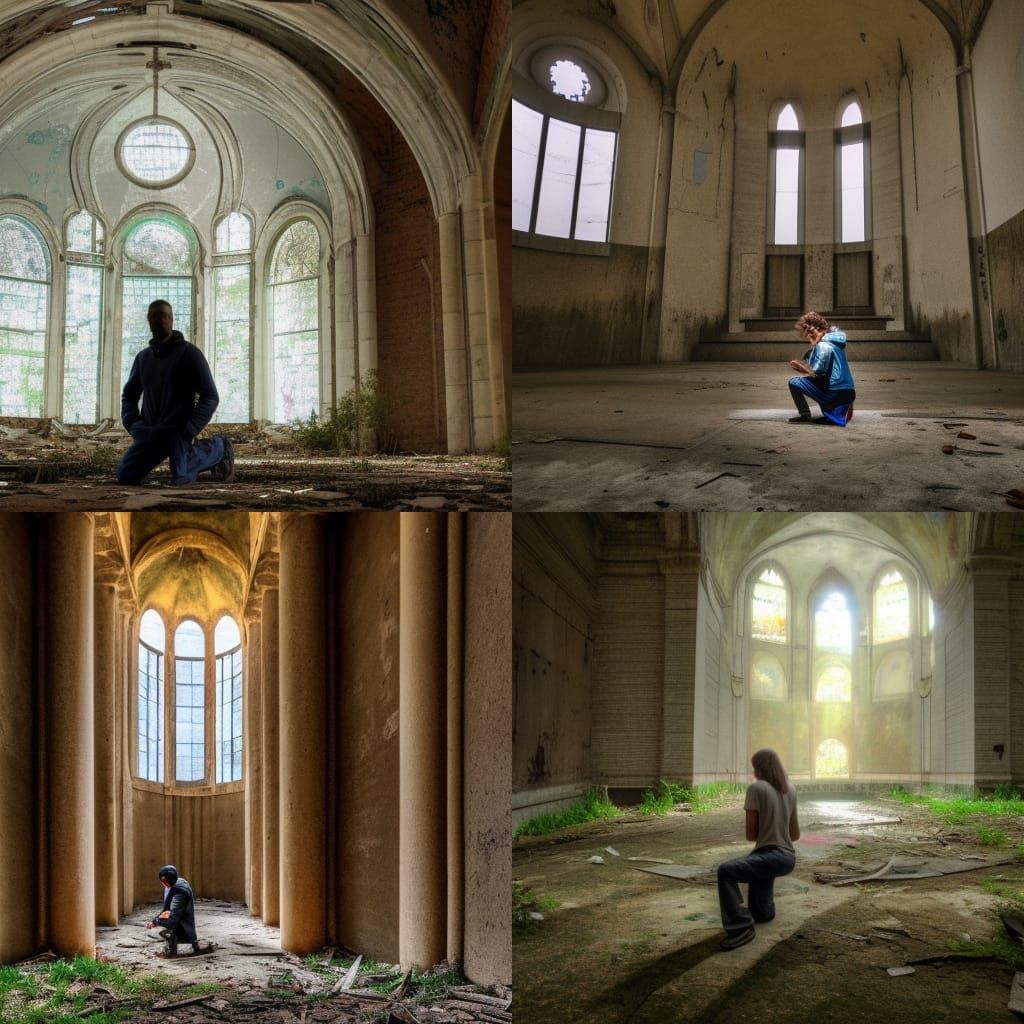 Hope Kneeling in Abandoned Sanctuary: Symbolic Image
