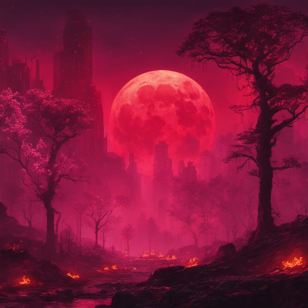 Cyberpunk Blood Moon Over Fire Tree Forest