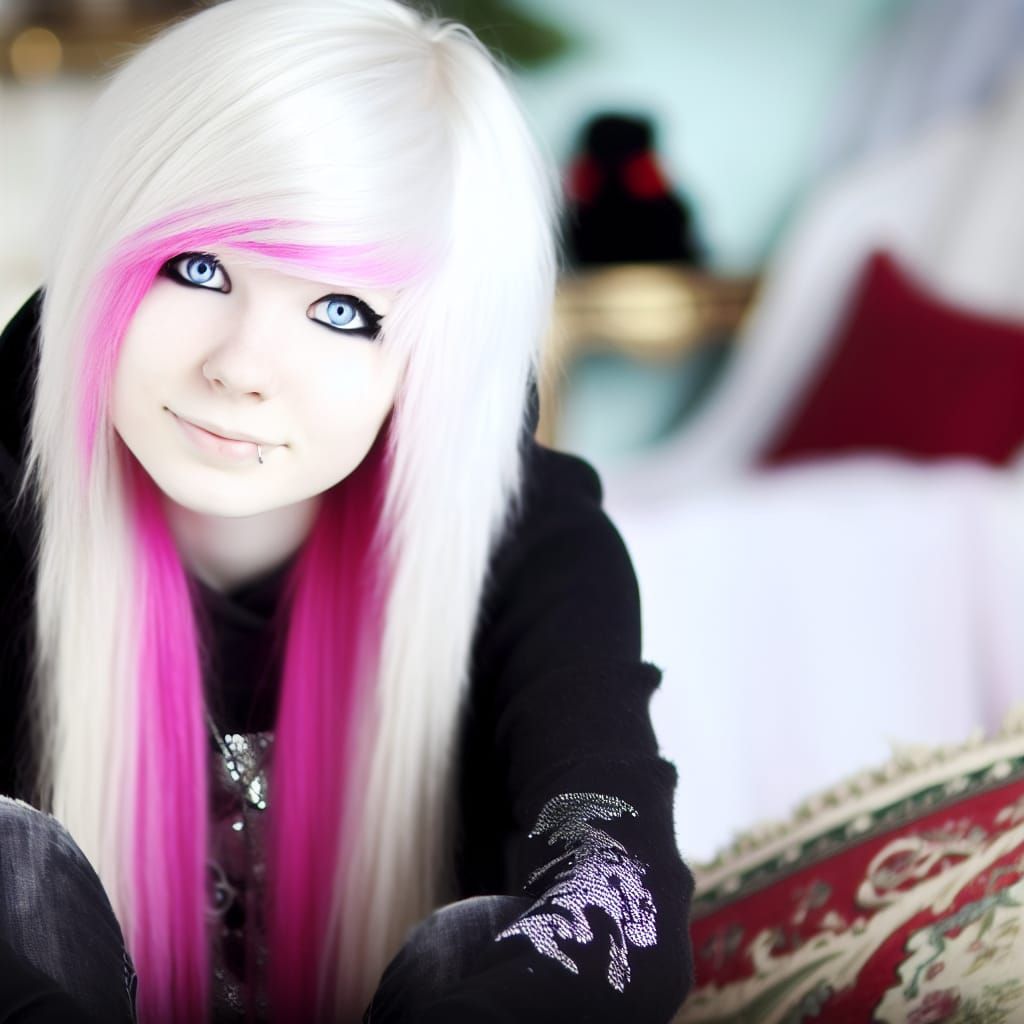 Striking Emo Girl with Pink and White Hair