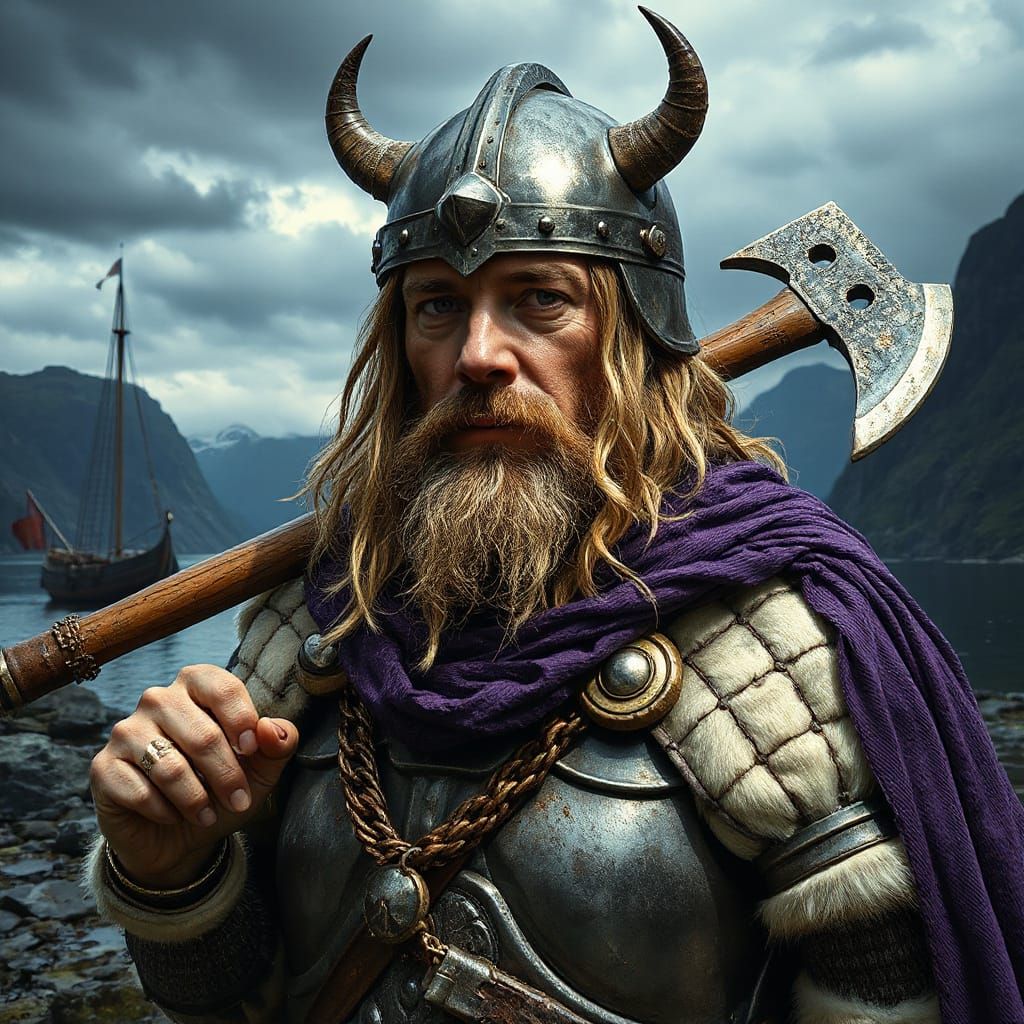Viking King with Horned Helmet in Frazetta Style