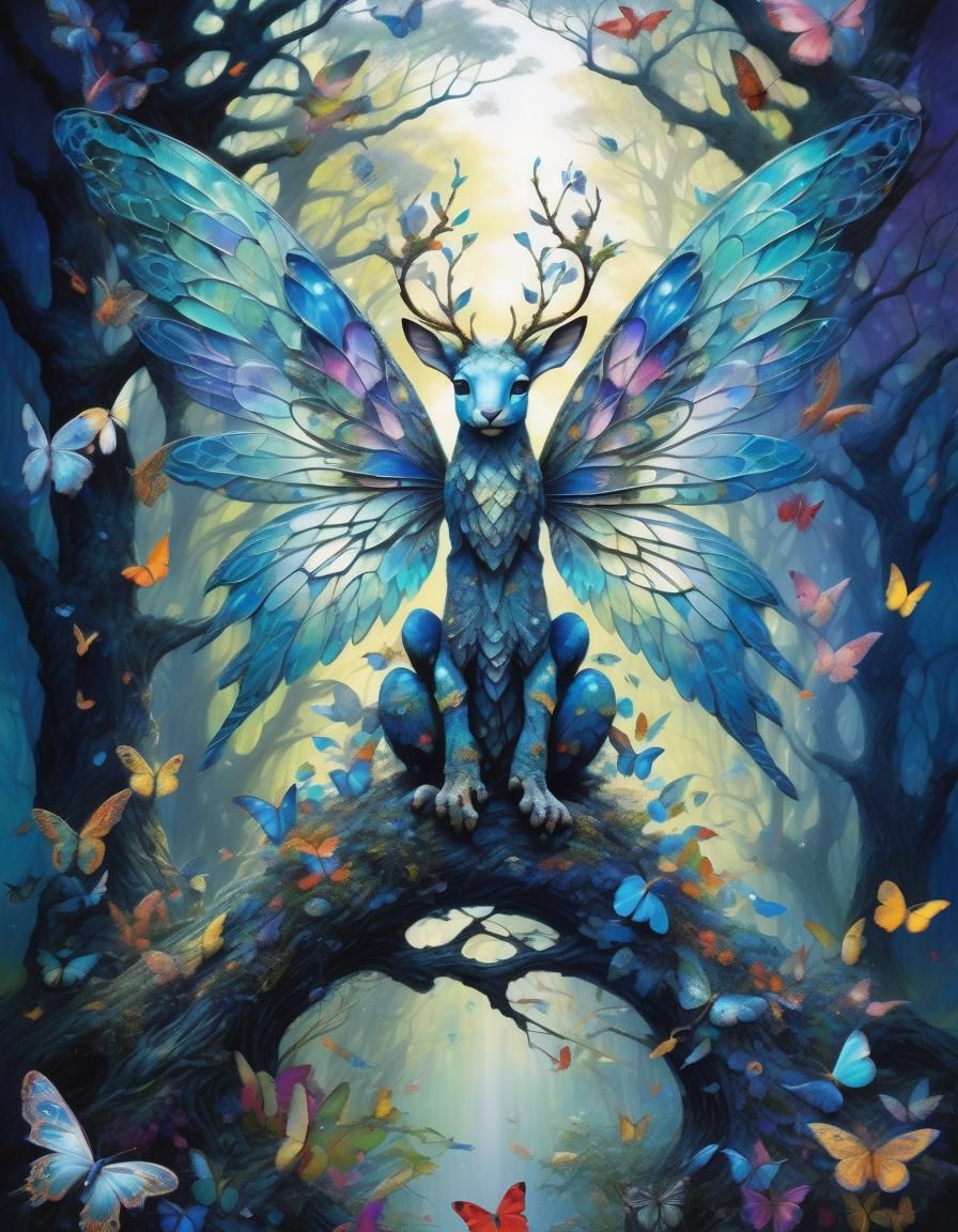 Anthropomorphic Tree Nymph with Iridescent Wings