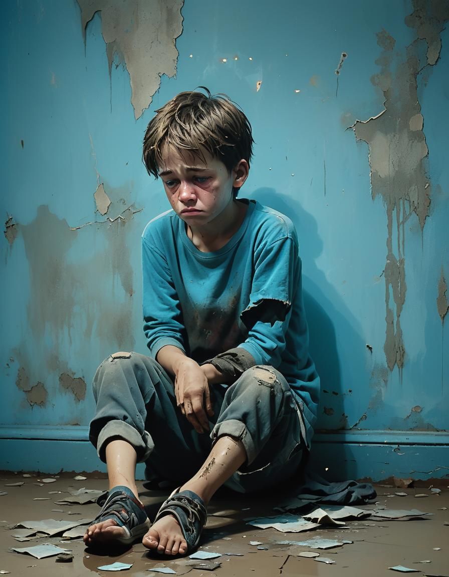 Sad Boy with Teddy Bear in Dilapidated Room