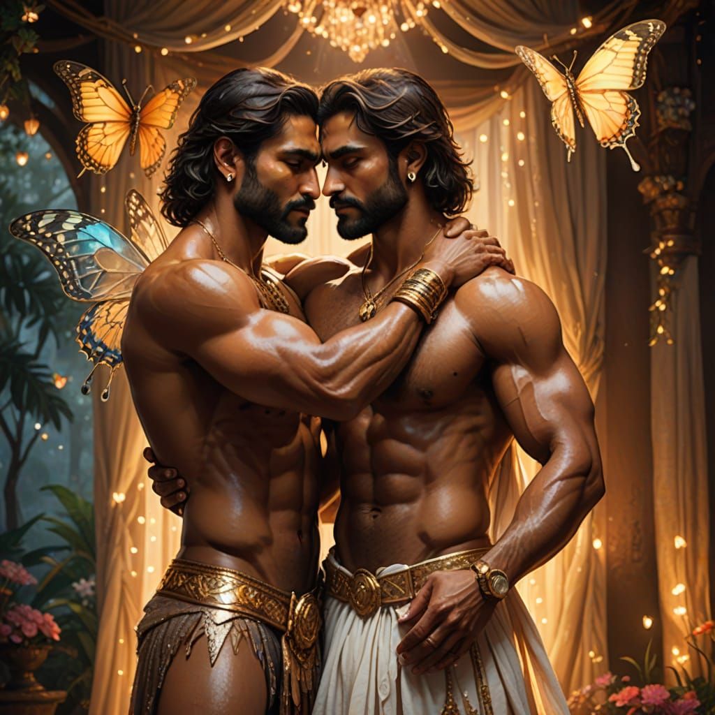 Passionate Embrace: Muscular Indian Men in Oil Painting Styl...