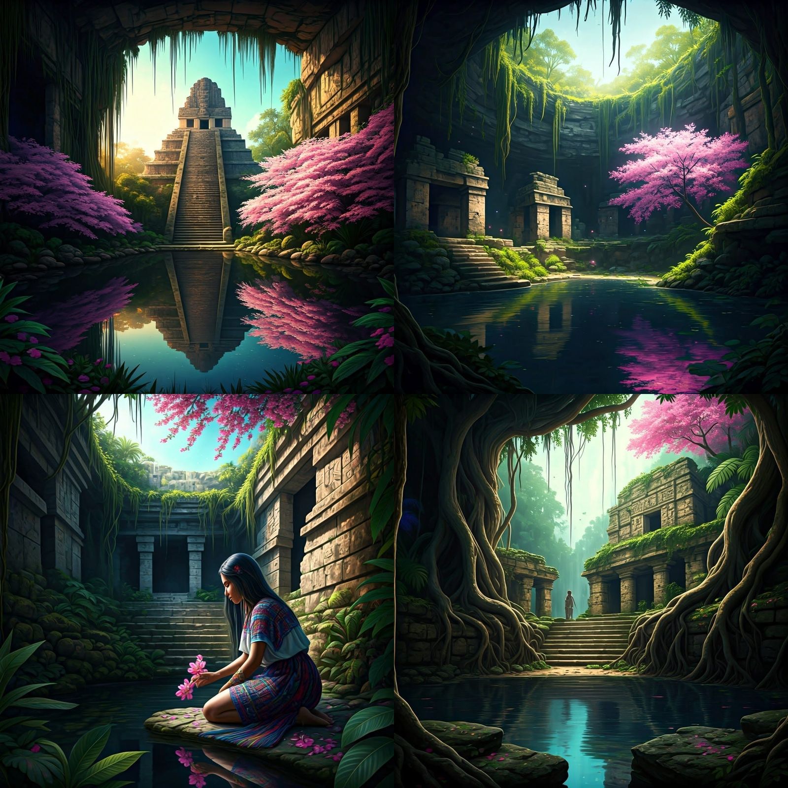 Cherry Blossoms in Mayan Cenote: Astral Illustration