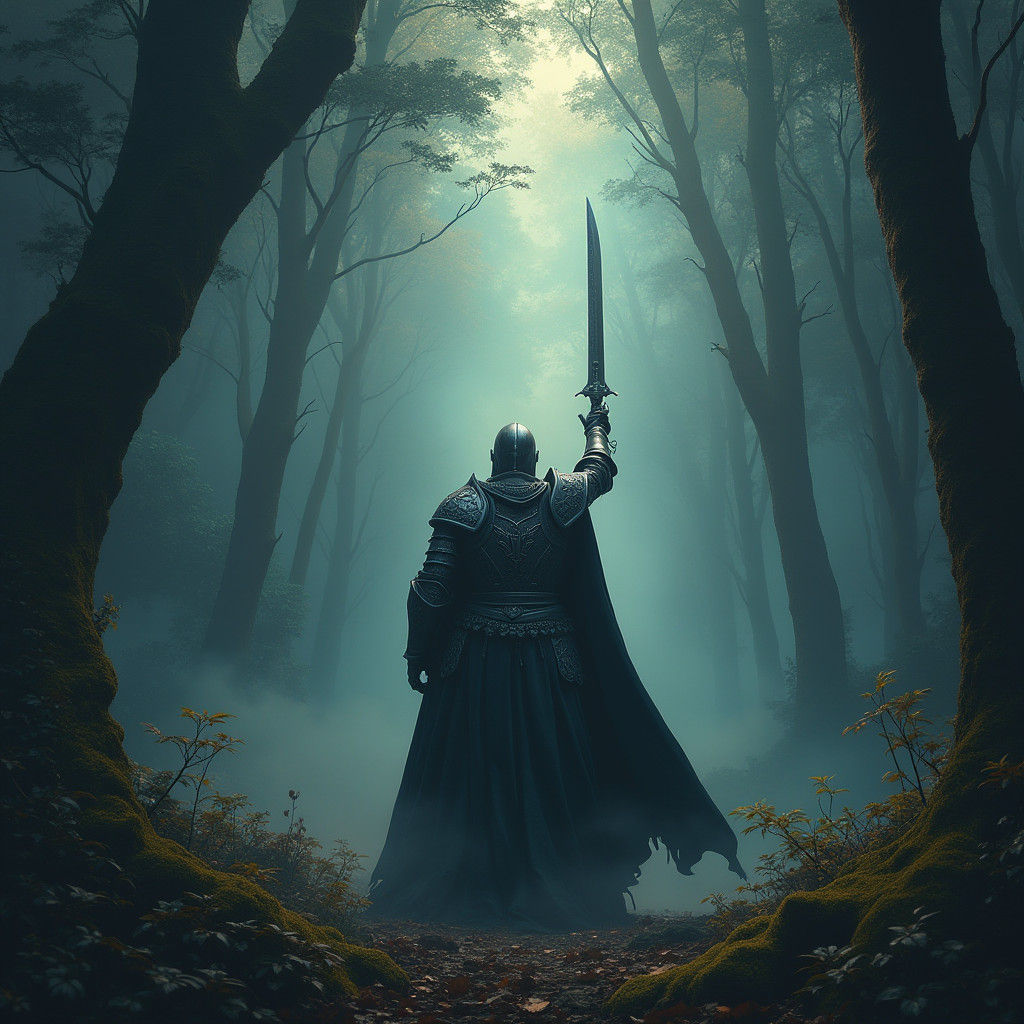 Mystical Knight Raises Sword in Dark Fantasy Forest