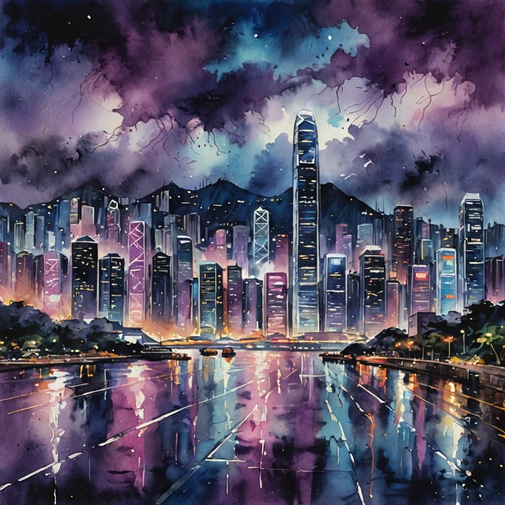 Hong Kong Cityscape in Watercolor Style