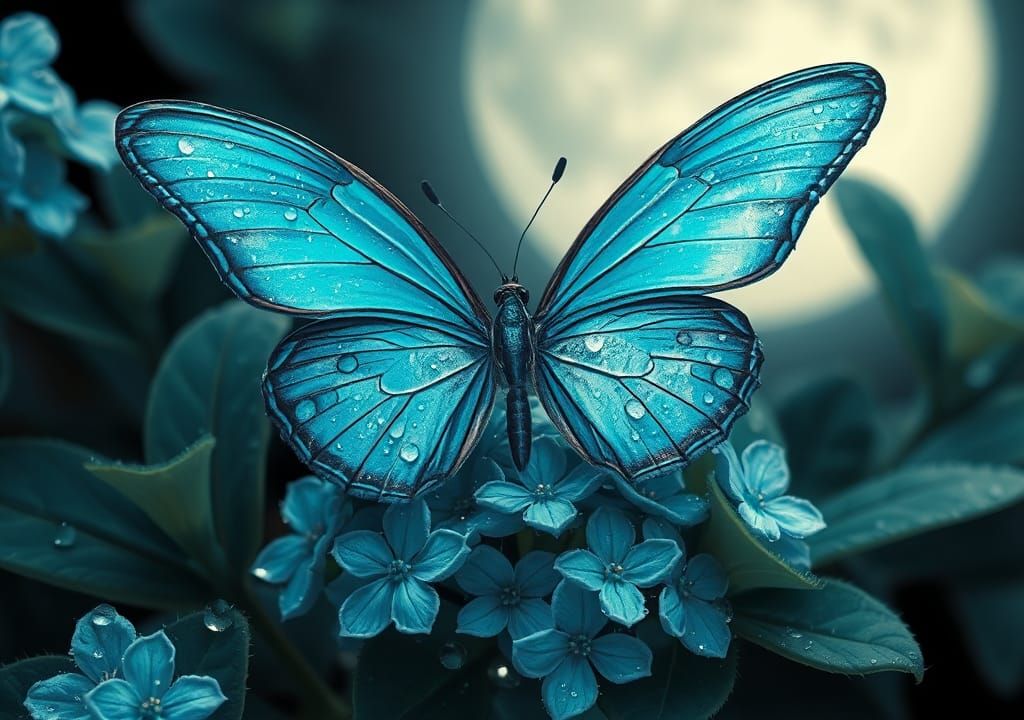 Turquoise Butterfly Macro in Watercolor Style