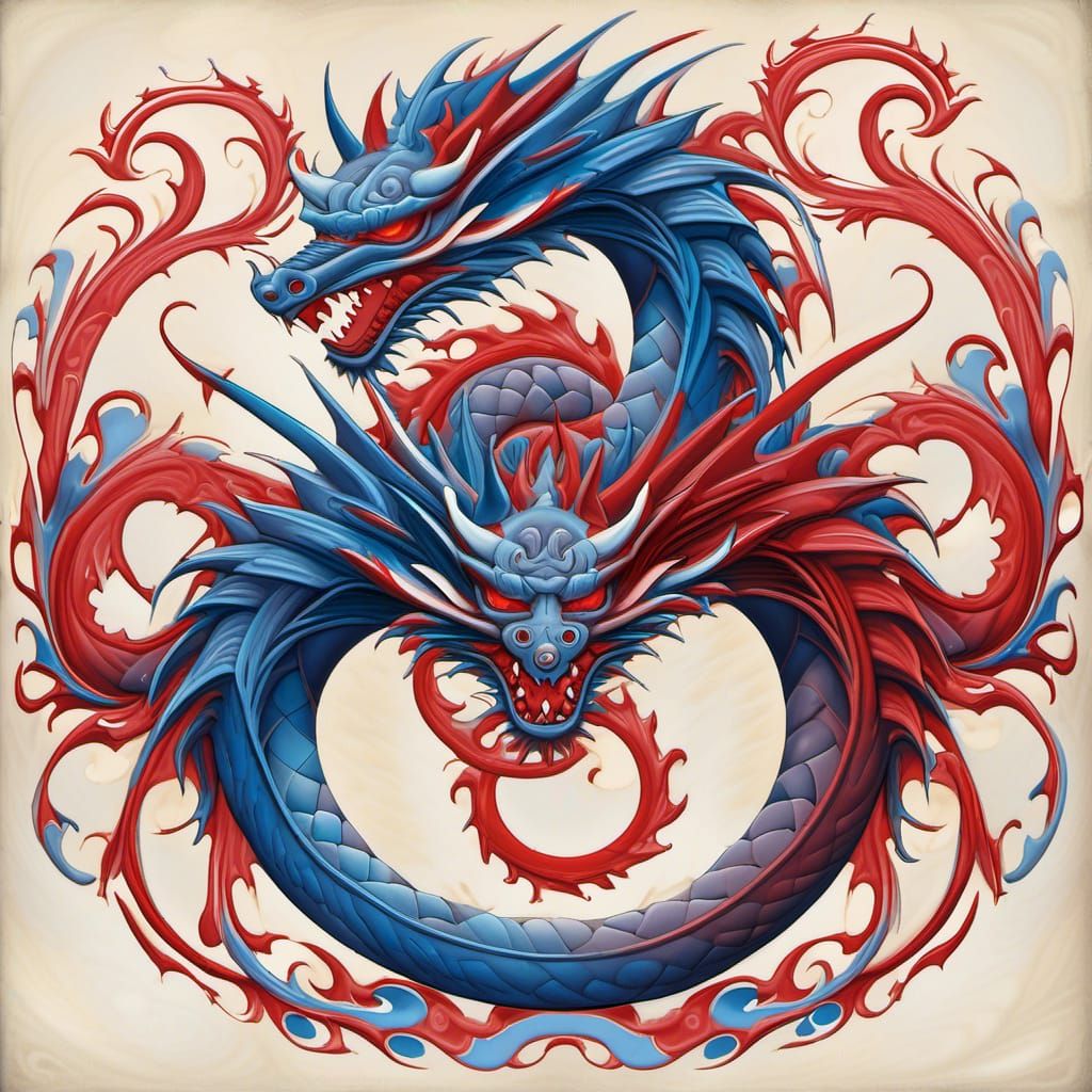 Entwined Dragons Dance in Fiery Sky Cartoon