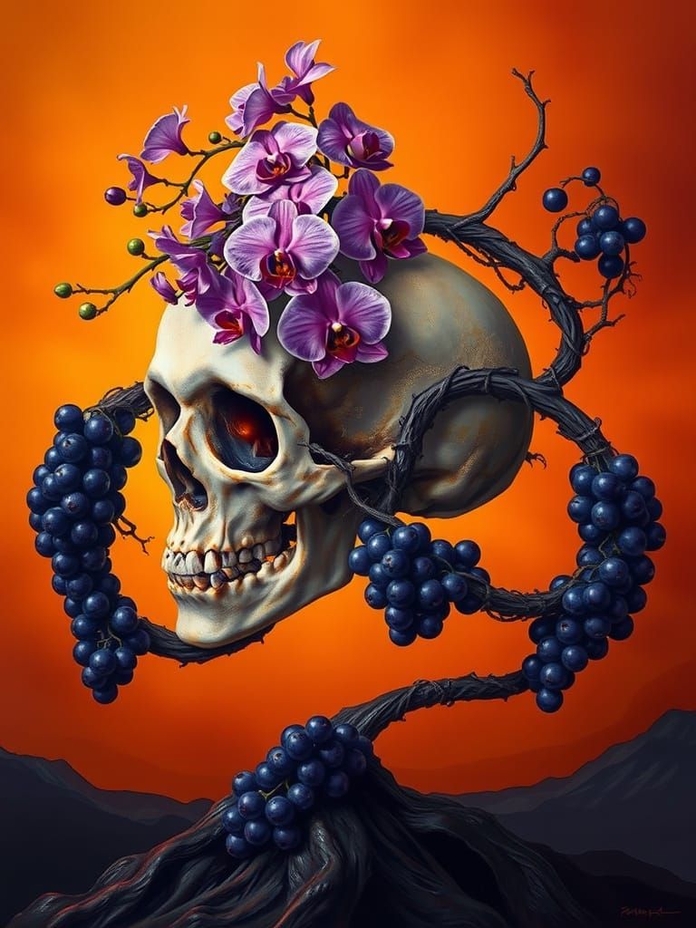 Surreal Skull Adorned with Vibrant Purple Florals in Infinit...