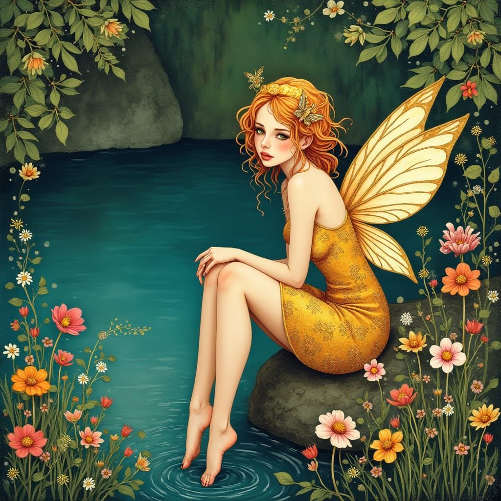 Golden Fairy in Whimsical Art Nouveau Style