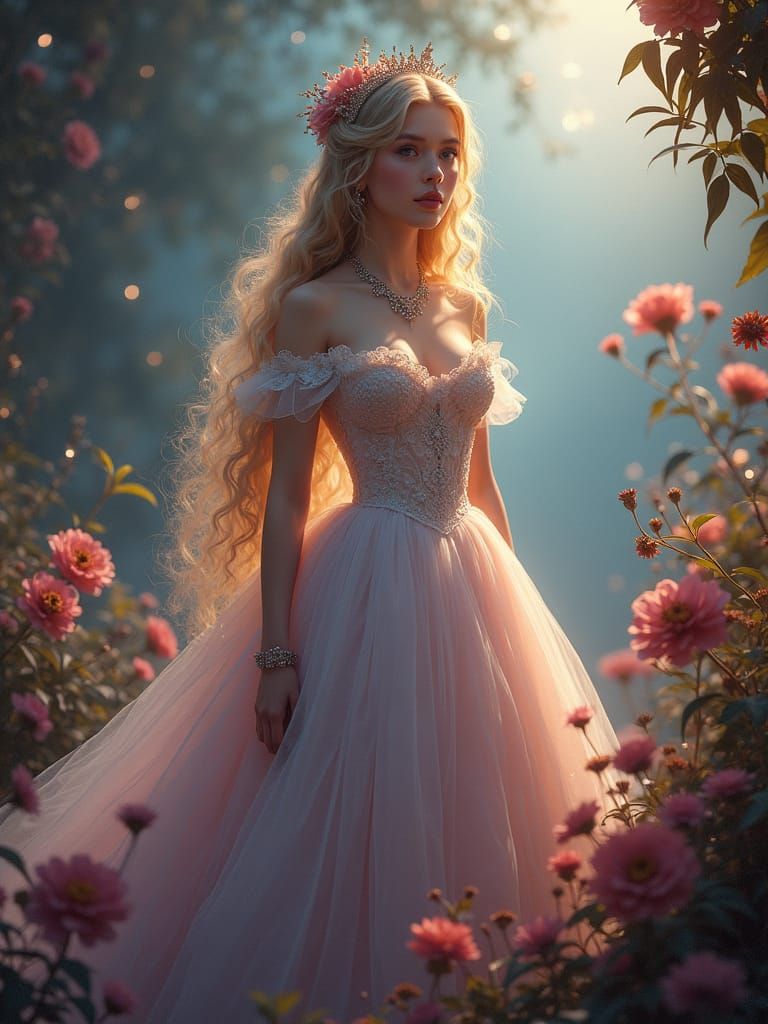 Victorian Lady in Dreamlike Fantasy Landscape