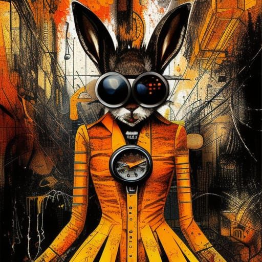 Steampunk Rabbit and Saturn Cube Digital Painting