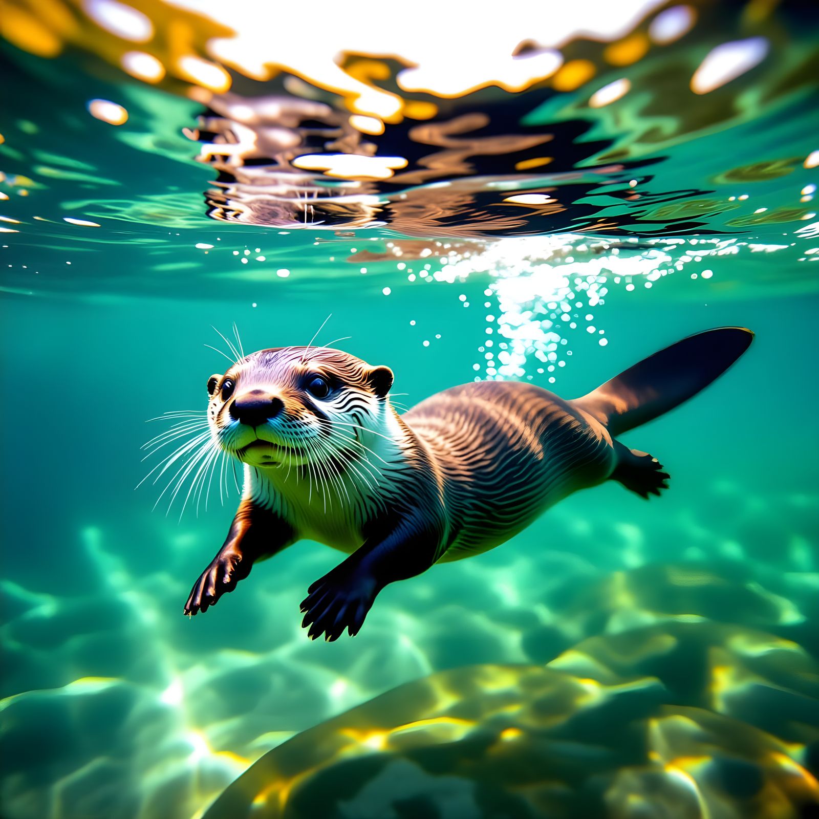 Playful River Otter Swimming Underwater: Cinematic Still